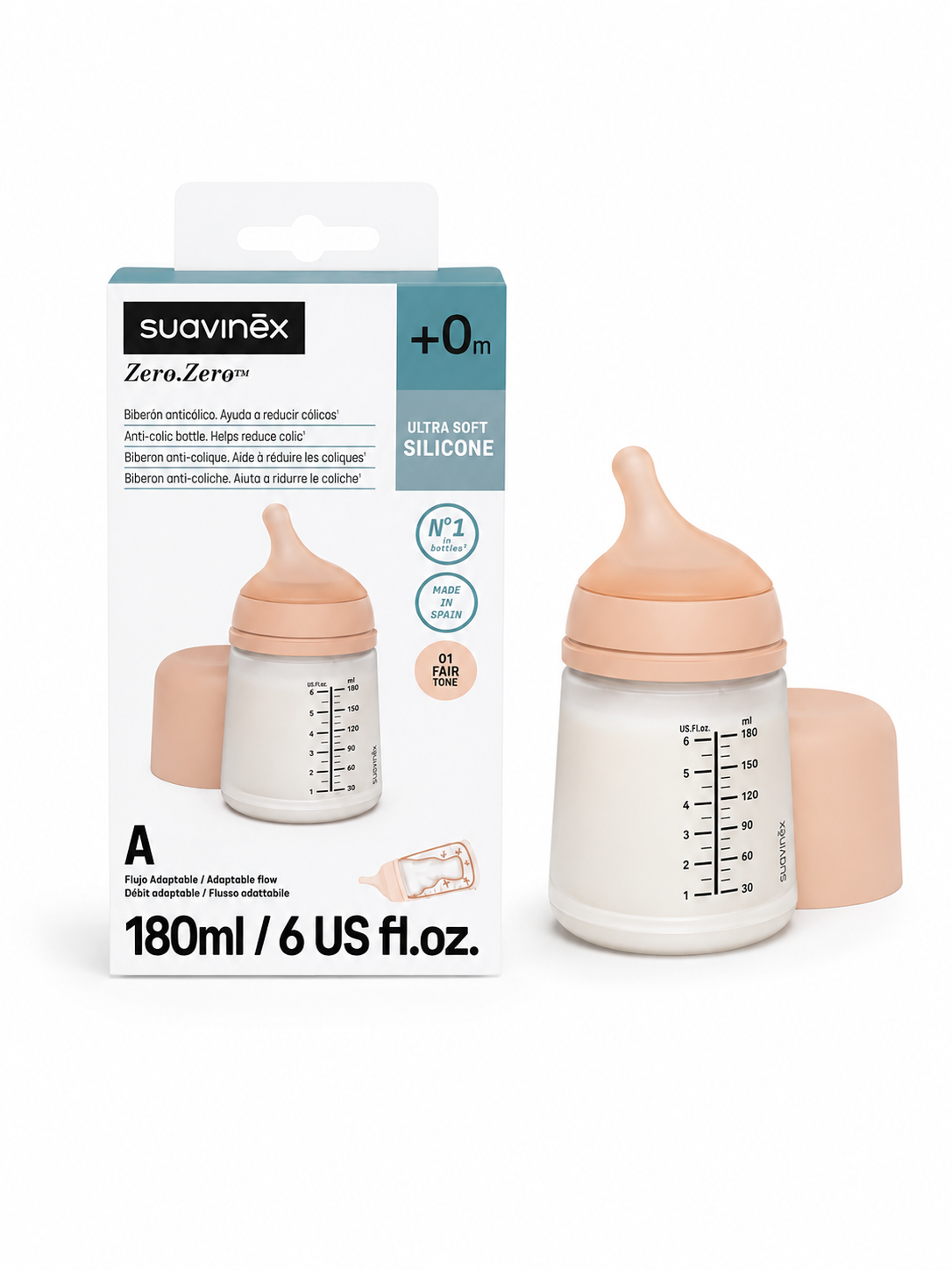 Biberón Suavinex Zero.Zero™ Anticólico 180 ml – Flujo Adaptable +0m