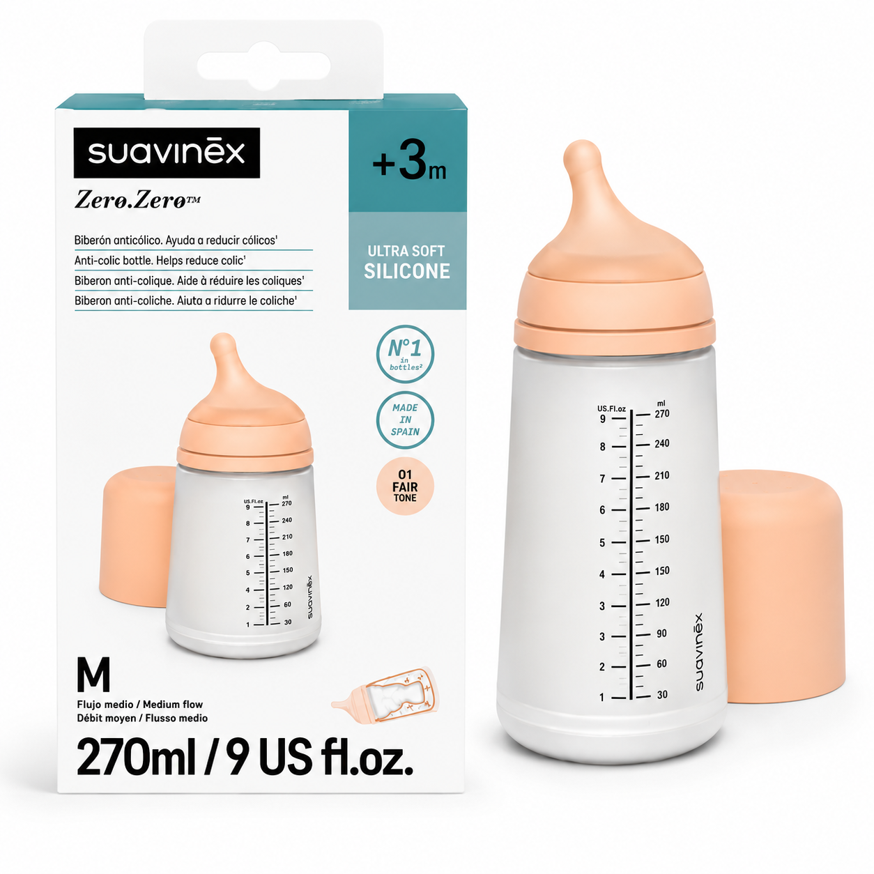 Biberón Suavinex Zero.Zero™ Anticólico 270 ml – Flujo Medio +3m